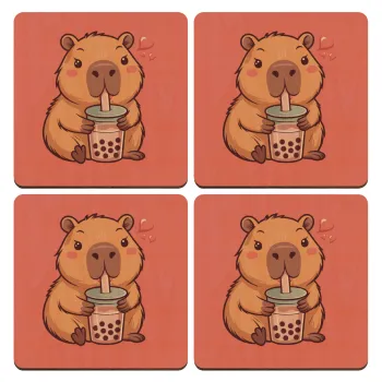 Capybara Bubble Tea, ΣΕΤ x4 Σουβέρ ξύλινα τετράγωνα plywood (9cm)