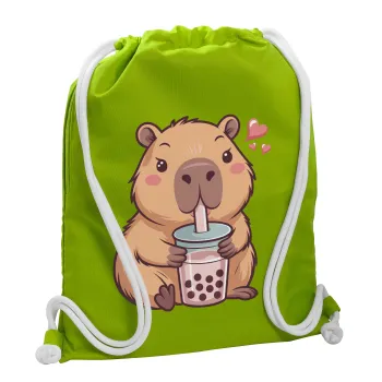 Capybara Bubble Tea, Τσάντα πλάτης πουγκί GYMBAG LIME GREEN, με τσέπη (40x48cm) & χονδρά κορδόνια