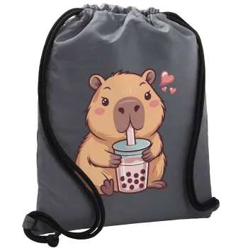 Capybara Bubble Tea, Τσάντα πλάτης πουγκί GYMBAG ΓΚΡΙ, με τσέπη (40x48cm) & χονδρά κορδόνια