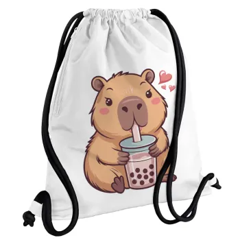 Capybara Bubble Tea, Τσάντα πλάτης πουγκί GYMBAG λευκή, με τσέπη (40x48cm) & χονδρά κορδόνια
