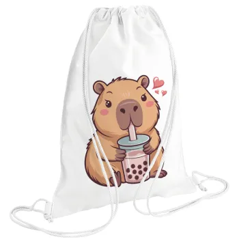 Capybara Bubble Tea, Τσάντα πλάτης πουγκί GYMBAG λευκή (28x40cm)