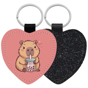 Capybara Bubble Tea, Μπρελόκ PU δερμάτινο glitter καρδιά ΜΑΥΡΟ
