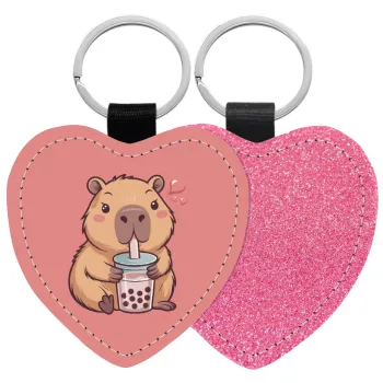 Capybara Bubble Tea, Μπρελόκ PU δερμάτινο glitter καρδιά ΡΟΖ