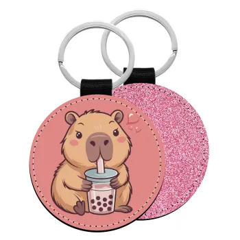 Capybara Bubble Tea, Μπρελόκ Δερματίνη, στρογγυλό ΡΟΖ (5cm)