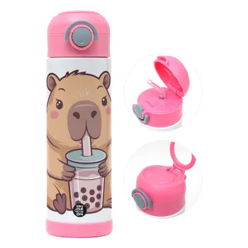 Capybara Bubble Tea, Παιδικό παγούρι θερμό, ανοξείδωτο, με καλαμάκι ασφαλείας, ΡΟΖ (500ml)