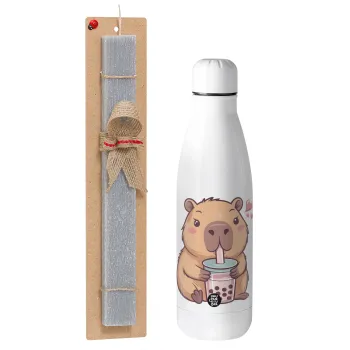 Capybara Bubble Tea, Πασχαλινή Λαμπάδα με μεταλλικό παγούρι θερμός ανοξείδωτο (500ml) & κερί αρωματικό πλακέ (30cm) (ΓΚΡΙ)