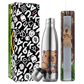 Capybara Bubble Tea, Easter Set, metallic stainless thermos flask (500ml) & scented flat Easter candle (30cm) (GRAY)