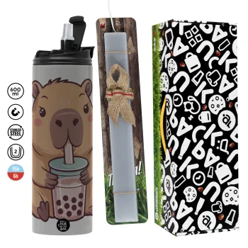 Capybara Bubble Tea, Πασχαλινή Λαμπάδα με Travel Tumbler θερμό (600ml, BPA free) & κερί αρωματικό πλακέ (30cm) (ΓΚΡΙ)