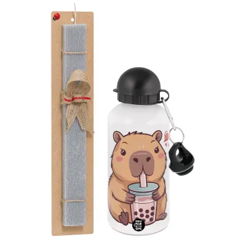 Capybara Bubble Tea, Πασχαλινή Λαμπάδα με παγούρι μεταλλικό  αλουμινίου (500ml) & κερί αρωματικό πλακέ (30cm) (ΓΚΡΙ)