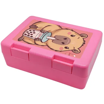 Capybara Bubble Tea, Παιδικό δοχείο κολατσιού ΡΟΖ 185x128x65mm (BPA free πλαστικό)