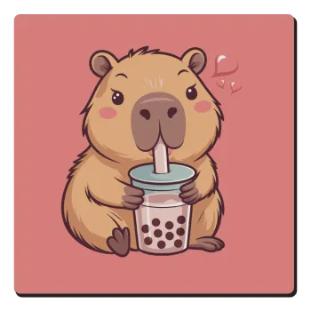 Capybara Bubble Tea, Τετράγωνο μαγνητάκι ξύλινο 6x6cm