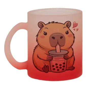 Capybara Bubble Tea, Κούπα γυάλινη δίχρωμη με βάση το κόκκινο ματ, 330ml