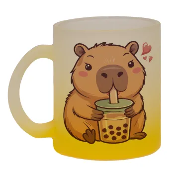 Capybara Bubble Tea, Κούπα γυάλινη δίχρωμη με βάση το κίτρινο ματ, 330ml