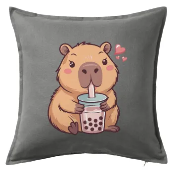 Capybara Bubble Tea, Μαξιλάρι καναπέ Γκρι 100% βαμβάκι, περιέχεται το γέμισμα (50x50cm)