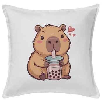 Capybara Bubble Tea, Μαξιλάρι καναπέ ΛΕΥΚΟ 100% βαμβάκι, περιέχεται το γέμισμα (50x50cm)