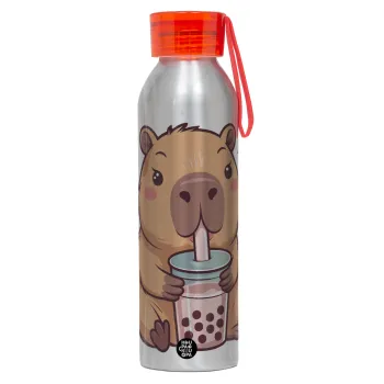Capybara Bubble Tea, Αλουμινένιο Αθλητικό Μπουκάλι 650ml – Ασημί με Κόκκινο Καπάκι και Λουράκι Σιλικόνης