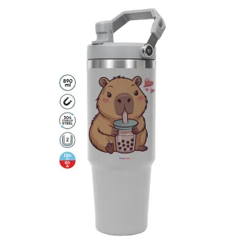 Capybara Bubble Tea, ΓΚΡΙ χρώματος Θερμός Ανοξείδωτο 890ml (30oz) με χερούλι
