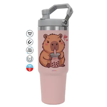 Capybara Bubble Tea, ΡΟΖ χρώματος Θερμός Ανοξείδωτο 890ml (30oz) με χερούλι