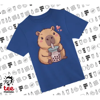 Capybara Bubble Tea, Παιδικό T-Shirt ΜΠΛΕ από 100% βαμβάκι, για κάθε μέρα. Vegan & OEKO-TEX πιστοποιημένο.