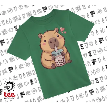Capybara Bubble Tea, Άνετο παιδικό T-Shirt ΠΡΑΣΙΝΟ από 100% βαμβάκι, για κάθε μέρα. Vegan & OEKO-TEX πιστοποιημένο.