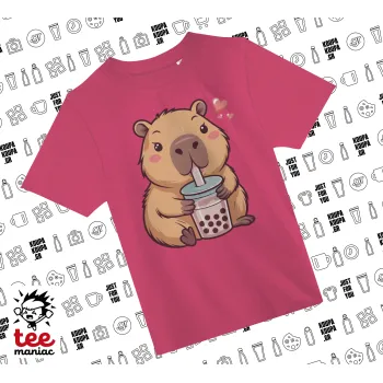 Capybara Bubble Tea, PINK childrens T-Shirt made of 100% cotton, for every day. Vegan & OEKO-TEX certified.