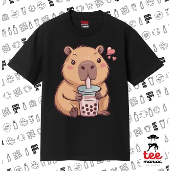 Capybara Bubble Tea, Κλασικό T-Shirt, διπλής ραφής, χωρίς πλευρικές ραφές ΜΑΥΡΟ από 100% βαμβάκι. Vegan & OEKO-TEX πιστοποιημένο.