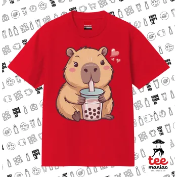 Capybara Bubble Tea, Κλασικό T-Shirt, διπλής ραφής, χωρίς πλευρικές ραφές ΚΟΚΚΙΝΟ από 100% βαμβάκι. Vegan & OEKO-TEX πιστοποιημένο.