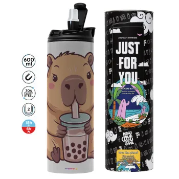 Capybara Bubble Tea, Tumbler ποτήρι θερμό ΓΚΡΙ από ανοξείδωτο ατσάλι 600ml