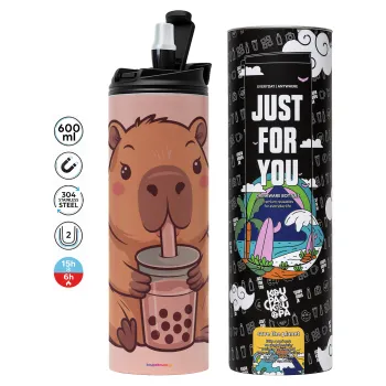 Capybara Bubble Tea, Tumbler ποτήρι θερμό ΡΟΖ από ανοξείδωτο ατσάλι 600ml