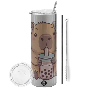 Capybara Bubble Tea, Tumbler ποτήρι θερμό Ασημένιο από ανοξείδωτο ατσάλι 600ml, με μεταλλικό καλαμάκι & βούρτσα καθαρισμού