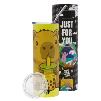 Capybara Bubble Tea, Neon Yellow Travel Tumbler θερμό, μεταλλικό καλαμάκι(Ανωξείδωτο 304 Food grade, BPA free, 600ml)