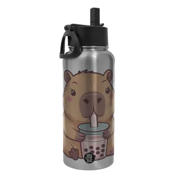 Capybara Bubble Tea, Μεταλλικό παγούρι θερμός Silver με καλαμάκι και χερούλι (Stainless steel), διπλού τοιχώματος, 950ml
