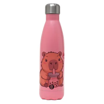 Capybara Bubble Tea, Μεταλλικό παγούρι θερμός Ροζ Ματ (Stainless steel), διπλού τοιχώματος, 500ml