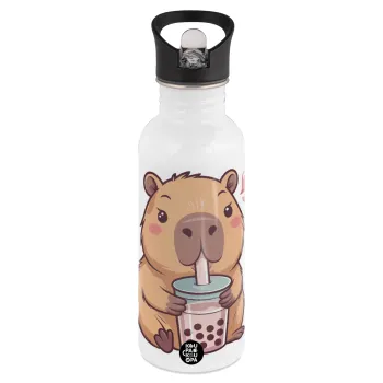 Capybara Bubble Tea, Παγούρι νερού Λευκό με καλαμάκι, ανοξείδωτο ατσάλι 600ml