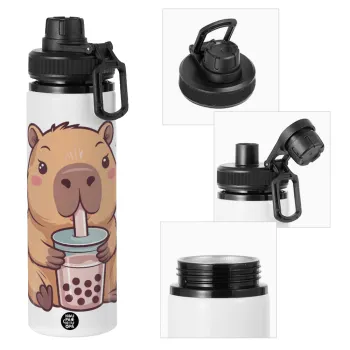 Capybara Bubble Tea, Metal water bottle with safety cap, aluminum 850ml