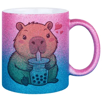 Capybara Bubble Tea, Κούπα Χρυσή/Μπλε Glitter, κεραμική, 330ml