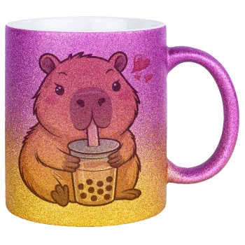 Capybara Bubble Tea, Κούπα Χρυσή/Ροζ Glitter, κεραμική, 330ml