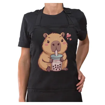 Capybara Bubble Tea, Ποδιά μακριά Σεφ ολόσωμη με τσέπες Μαύρη (ΕΝΗΛΙΚΩΝ)