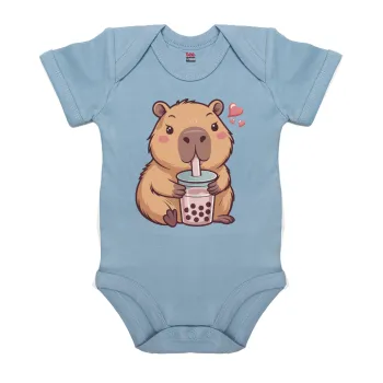 Capybara Bubble Tea, Βρεφικό φορμάκι μωρού, 0-18 μηνών, Μπλε, 100% Organic Cotton, κοντομάνικο