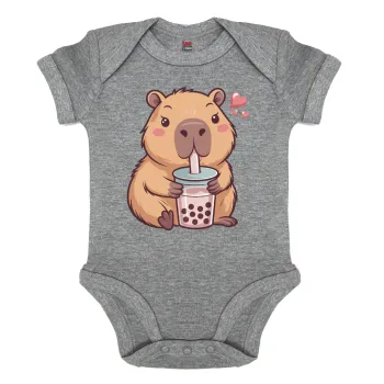 Capybara Bubble Tea, Βρεφικό φορμάκι μωρού, 0-18 μηνών, ΓΚΡΙ ΜΕΛΑΝΖΕ, 100% Organic Cotton, κοντομάνικο