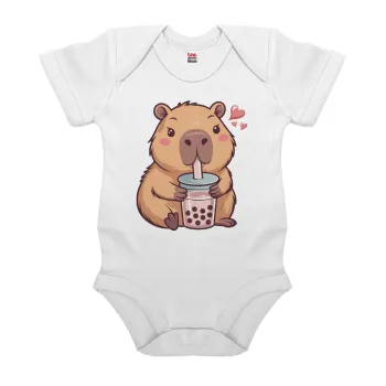 Capybara Bubble Tea, Βρεφικό φορμάκι μωρού, 0-24 μηνών, ΛΕΥΚΟ, 100% Organic Cotton, κοντομάνικο