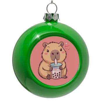 Capybara Bubble Tea, Green Christmas tree ornament bauble 8cm