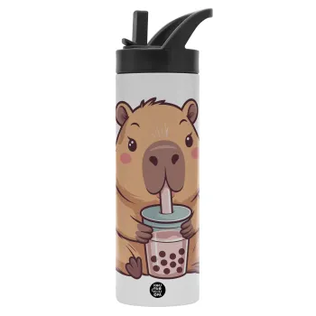 Capybara Bubble Tea, Μεταλλικό παγούρι θερμός με καλαμάκι & χειρολαβή, ανοξείδωτο ατσάλι (Stainless steel 304), διπλού τοιχώματος, 600ml