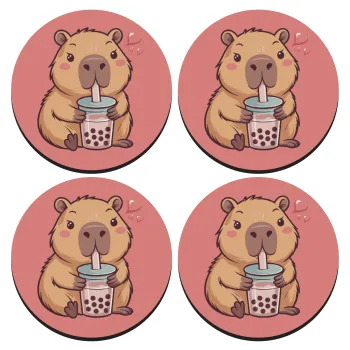 Capybara Bubble Tea, ΣΕΤ 4 Σουβέρ ξύλινα στρογγυλά (9cm)