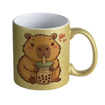 Capybara Bubble Tea, Κούπα Χρυσή Glitter που γυαλίζει, κεραμική, 330ml