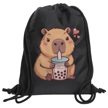 Capybara Bubble Tea, Τσάντα πλάτης πουγκί GYMBAG Μαύρη, με τσέπη (40x48cm) & χονδρά κορδόνια