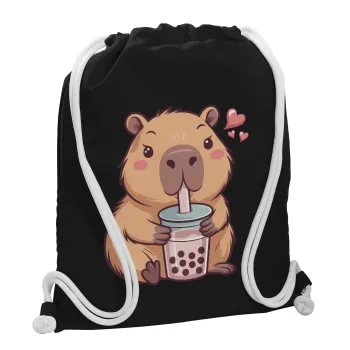 Capybara Bubble Tea, Τσάντα πλάτης πουγκί GYMBAG Μαύρη, με τσέπη (40x48cm) & χονδρά λευκά κορδόνια