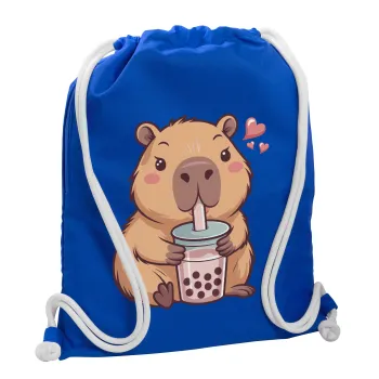 Capybara Bubble Tea, Τσάντα πλάτης πουγκί GYMBAG Μπλε, με τσέπη (40x48cm) & χονδρά κορδόνια