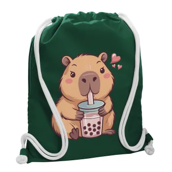 Capybara Bubble Tea, Τσάντα πλάτης πουγκί GYMBAG BOTTLE GREEN, με τσέπη (40x48cm) & χονδρά λευκά κορδόνια