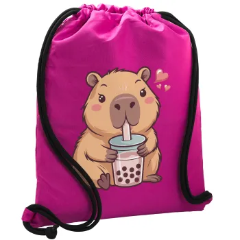 Capybara Bubble Tea, Τσάντα πλάτης πουγκί GYMBAG Φούξια, με τσέπη (40x48cm) & χονδρά κορδόνια